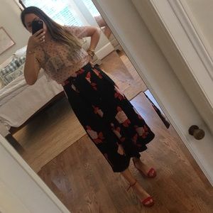 Black satin like midi skirt with pink and red